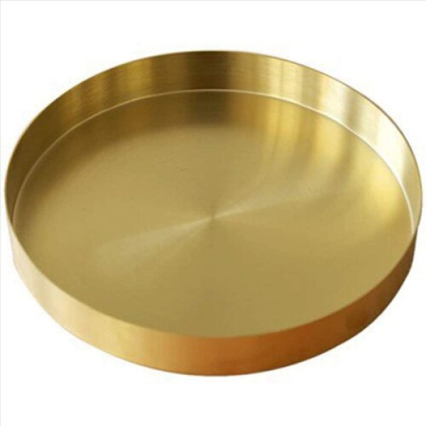 Round gold-colored tray, metal-decorated tray, cosmetic tray organizer, 4.9 inches.